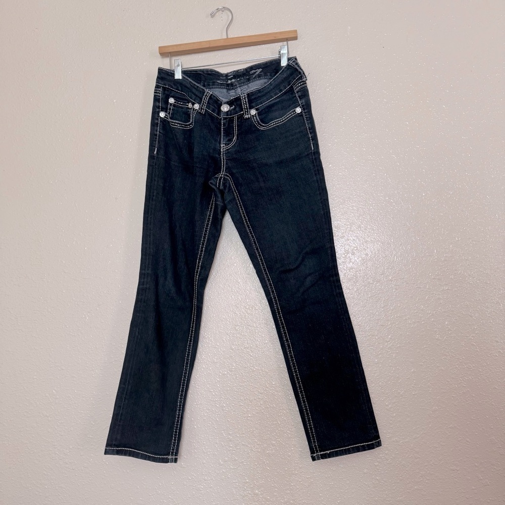 Seven 7 Contrast Stitch Bling Studded Pockets Flare Leg Jeans